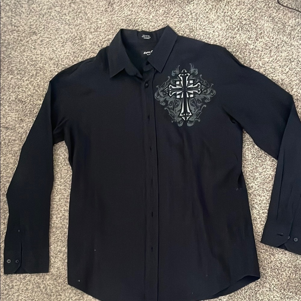 Eighty Eight Black Casual Button Down Shirt with Cross Design